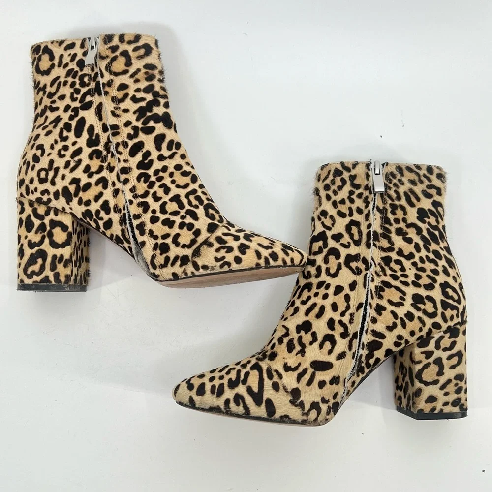 Halogen Alexa leopard print calf hair ankle booties side zip almond toe 7 seven
